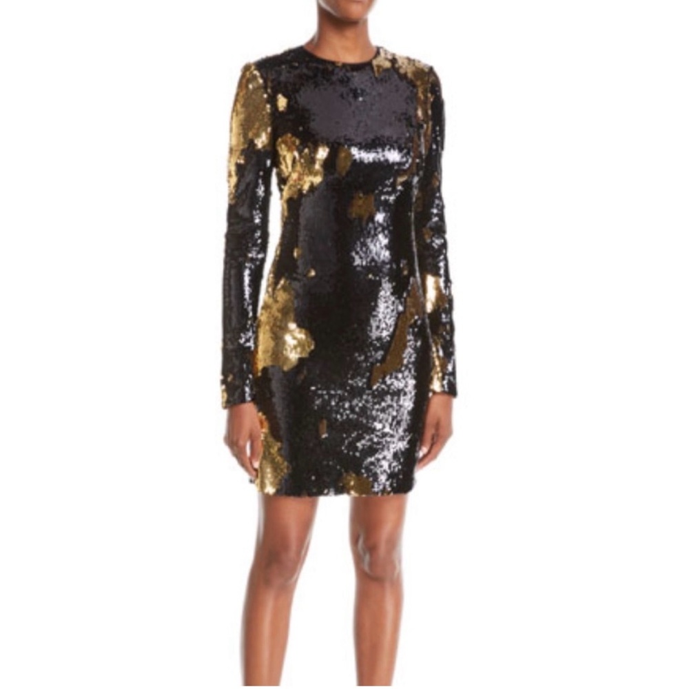 NK32 NAEEM KHAN Long-Sleeve Gold Sequin Mini Dress